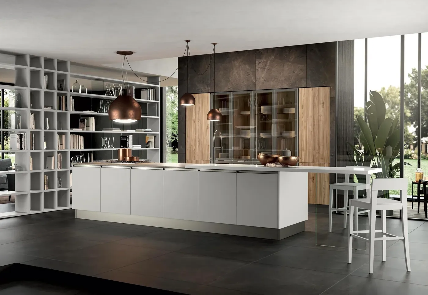 A kitchen island with copper pendant lights and open shelving